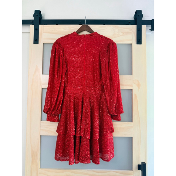 One33 Social Red Sequin Tiered Long Sleeve Mini Dress Size 8 NWT $395 - Picture 2 of 10